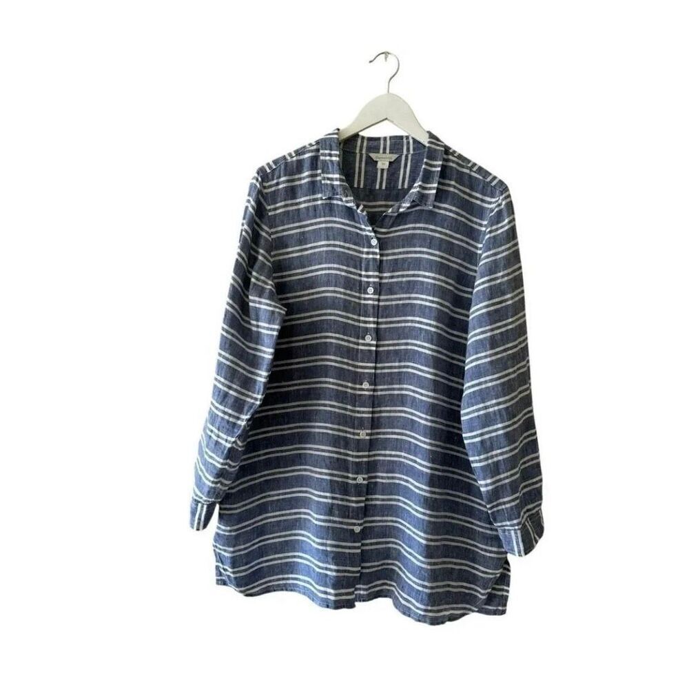 Garnet Hill linen blue nautical white striped lagenlook breathable SZ L#2327